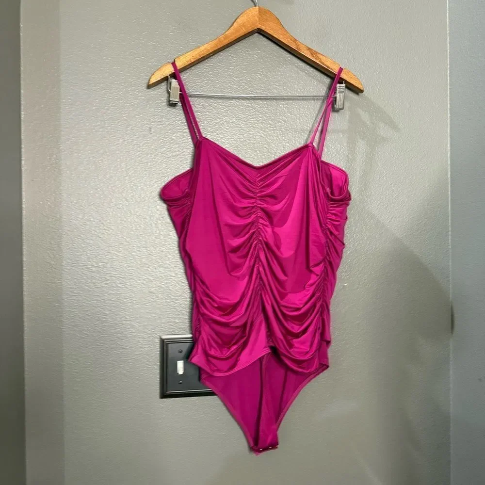 Express Body Contour Hot fuchsia Pink Ruched Cami Bodysuit Tank Top Valentine’s